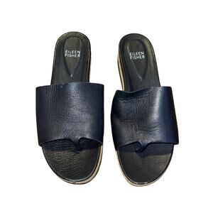 Eileen Fisher Soft Tumbled Leather Wedge Slide SZ 6 Toe Band Rubber Sole Comfort
